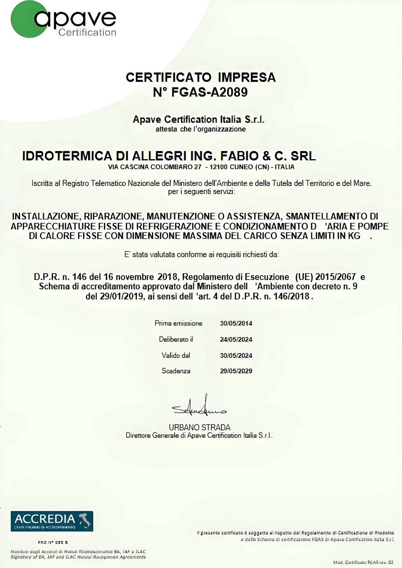 Idrotermica Allegri Certificazioni 7